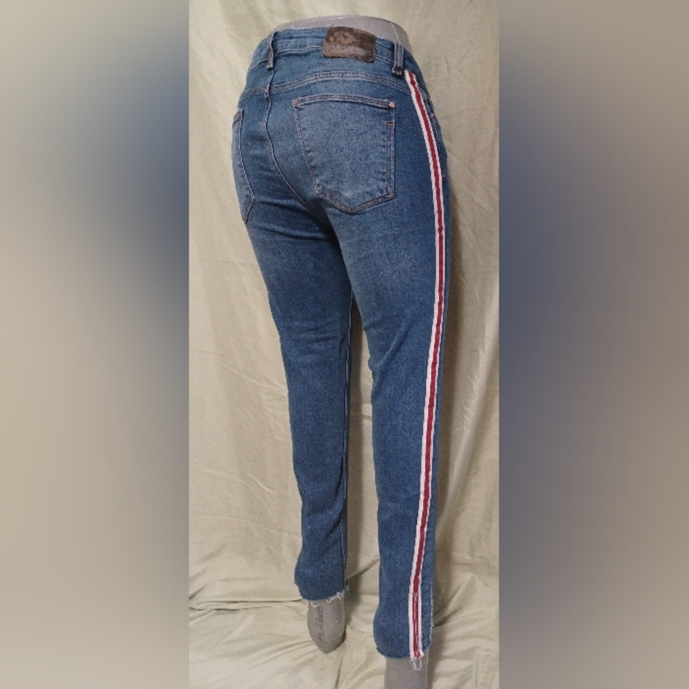 Zara Basic Denim Dept. Blue Skinny Jeans with Red and White Stripe